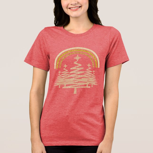 Festive Guld Rainbow Sparkling Fir Träd T Shirt (Framsida)