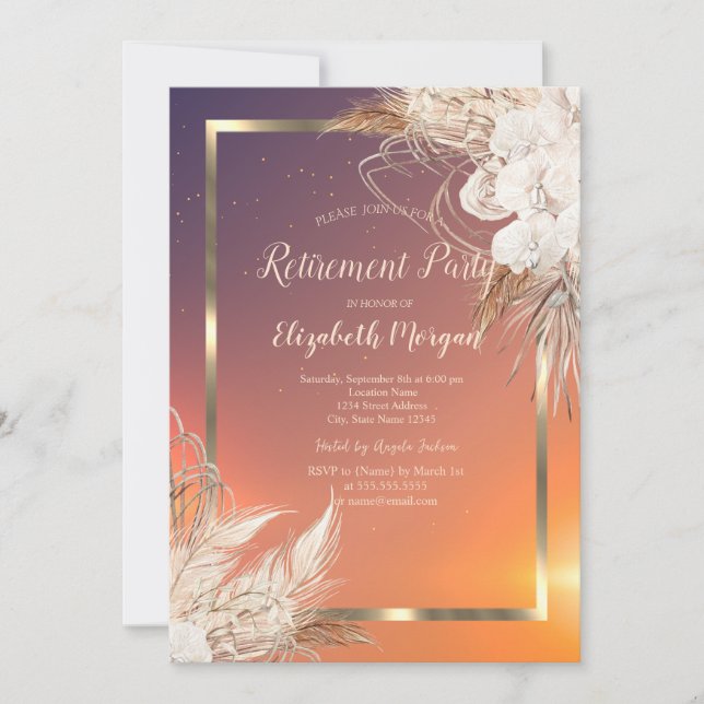 Festive Guld Ram Boho Blommor Pensionering Inbjudningar (Framsida)