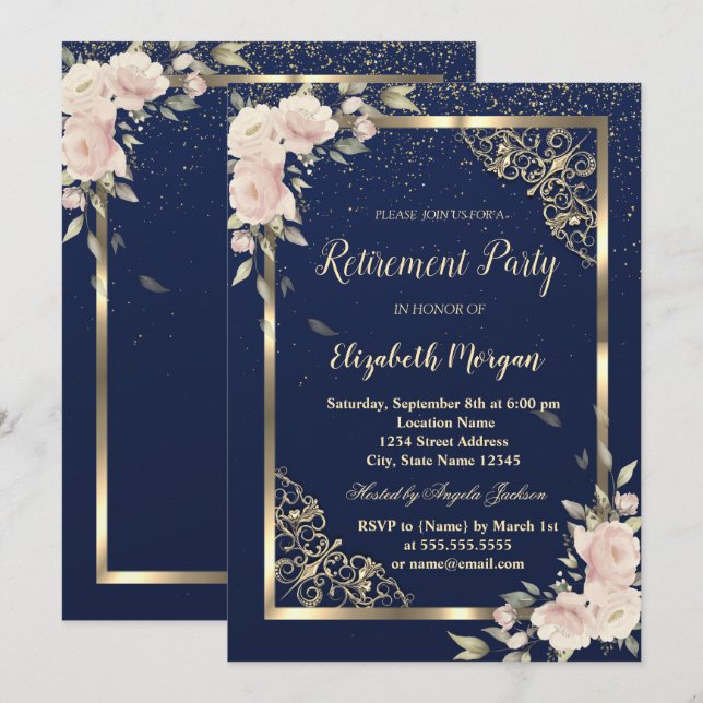 Festive Guld Ram Navy Blå Blommor Pensionering Inbjudningar (Fram/baksida)