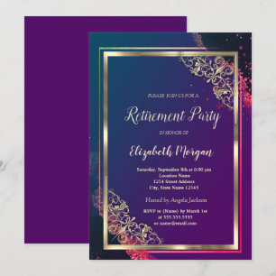 Festive Guld Ram Violett Pensionering Inbjudningar