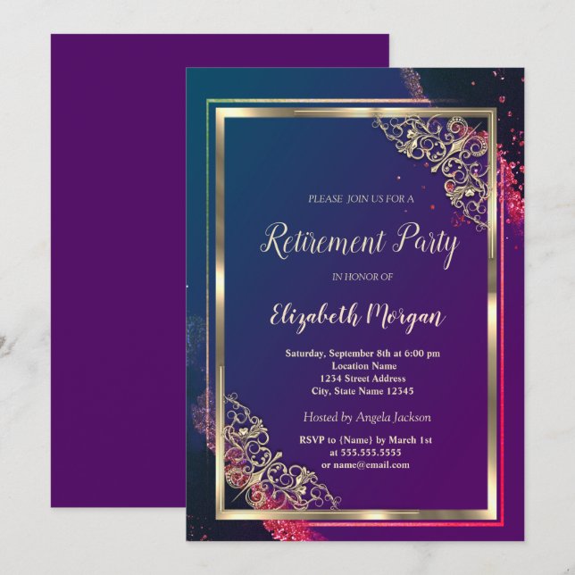 Festive Guld Ram Violett Pensionering Inbjudningar (Fram/baksida)