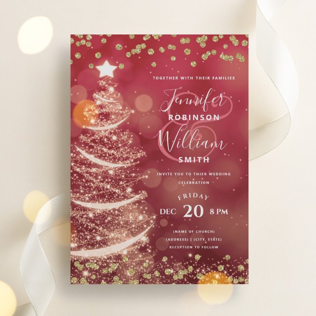 Festive Guld & Red Elegant bröllop Gnistra Träd Inbjudningar (Festive Gold & Red Elegant Wedding Sparkle Tree Invitation)