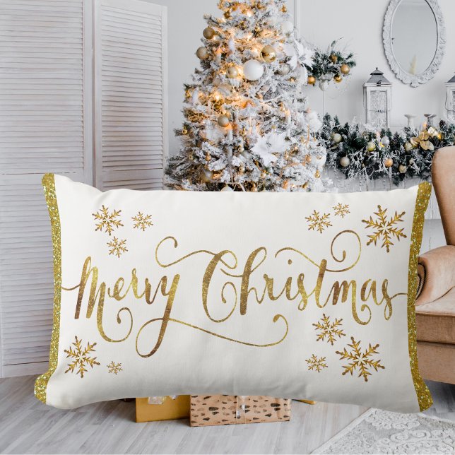 Festive Guld, White, God jul Lumbarkudde (Festive Gold, White, Merry Christmas Lumbar Pillow)