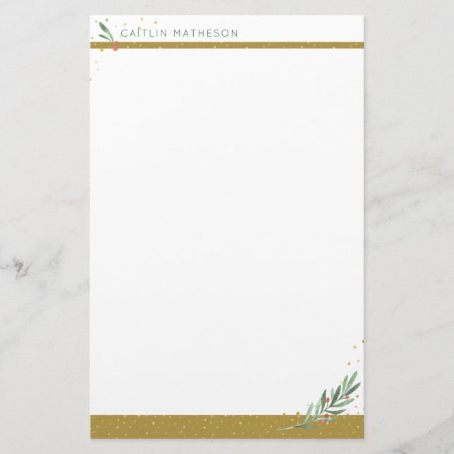 Festive Guld Winter Greenery jul Helgdag Brevpapper (Framsida)