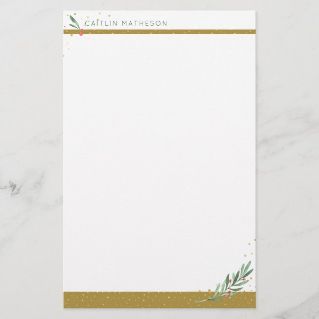 Festive Guld Winter Greenery jul Helgdag Brevpapper (Framsida)