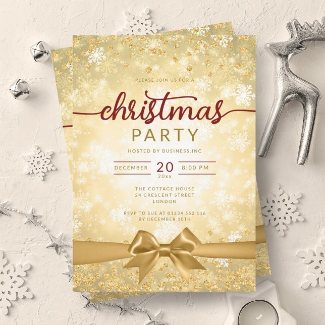 Festive Guld Winter Snöflingor Company Ribbon Inbjudningar (Festive Gold Winter Snowflakes Company Ribbon Invitation)