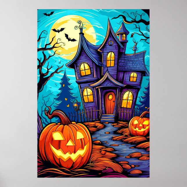 Festive Halloween Haunted House Illustration Poster (Framsidan)