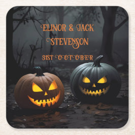 Festive Halloween Pumpkins and Blommönster Underlägg Papper Kvadrat