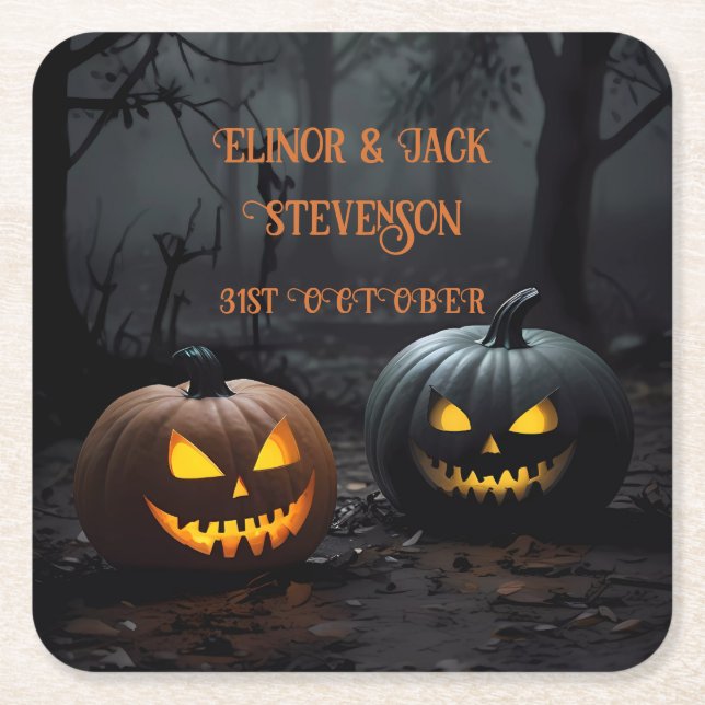 Festive Halloween Pumpkins and Blommönster Underlägg Papper Kvadrat (Framsidan)