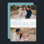 Festive Hälsning | 2 Foto Joyous Hanukkah Julkort<br><div class="desc">Vår festliga och elegant Hanukkah-kortdesign är det perfekt sättet att visa två av dina favoritfoton i familjen. Utformningen har "Joyous Hanukkah" i mjuk teal-serif-typografi och handskript,  tillsammans med din familj namn. Kort tillbaka till en vit stjärna mönster.</div>
