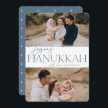 Festive Hälsning | 2 Foto Joyous Hanukkah Julkort<br><div class="desc">Vår festliga och elegant Hanukkah-kortdesign är det perfekt sättet att visa två av dina favoritfoton i familjen. Konstruktionen har "Joyous Hanukkah" i dammig,  blå serif-typografi och handskript,  tillsammans med din familj namn. Kort tillbaka till en vit stjärna mönster.</div>