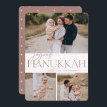 Festive Hälsning | 3 Foto Joyous Hanukkah Julkort<br><div class="desc">Vår festliga och elegant Hanukkah-kortdesign är det perfekt sättet att visa tre av dina favoritfoton i familjen. Designen har "Joyous Hanukkah" i elegant terracotta serif-typografi och handskrivna skript,  med din familj namn. Kort tillbaka till en vit stjärna mönster.</div>