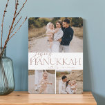 Festive Hälsning | 3 Foto Joyous Hanukkah Julkort<br><div class="desc">Vår festliga och elegant Hanukkah-kortdesign är det perfekt sättet att visa tre av dina favoritfoton i familjen. Designen har "Joyous Hanukkah" i elegant terracotta serif-typografi och handskrivna skript,  med din familj namn. Kort tillbaka till en vit stjärna mönster.</div>