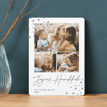 Festive Hälsning | 3 Photo Collage Hanukkah Julkort<br><div class="desc">En reflektor möter den moderna Hanukkah-fotokortsdesignen med tre av dina favoritfoton (ett liggande/vågrät och två kvadratiska) på en skarp vit bakgrund som accentueras med hand plockade-stjärnor i hörnen. "Joyous Hanukkah" visas under handskrivet skript. Anpassa med din familj namn och året.</div>