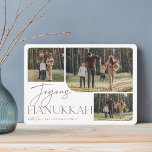 Festive Hälsning | Joyous Hanukkah 3 Photo Julkort<br><div class="desc">Vår festliga och elegant Hanukkah-kortdesign är det perfekt sättet att visa tre av dina favoritfoton i familjen. Vågrät- eller landskapsinriktad design med "Joyous Hanukkah" i neutraltens jordtonsmönster terracotta-typografi och handskrivna manus,  med din familj namn under på vit bakgrund.</div>