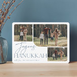 Festive Hälsning | Joyous Hanukkah 3 Photo Julkort<br><div class="desc">Vår festliga och elegant Hanukkah-kortdesign är det perfekt sättet att visa tre av dina favoritfoton i familjen. Vågrät- eller landskapsinriktad design med "Joyous Hanukkah" i dammig slate blue terracotta typography och handskrivna manus,  med din familj namn under på vit bakgrund.</div>