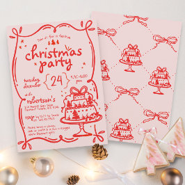 Festive Hand plockade Red & Rosa Bow jul Party Inbjudningar