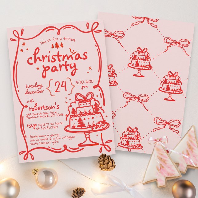 Festive Hand plockade Red & Rosa Bow jul Party Inbjudningar (Skapare uppladdad)