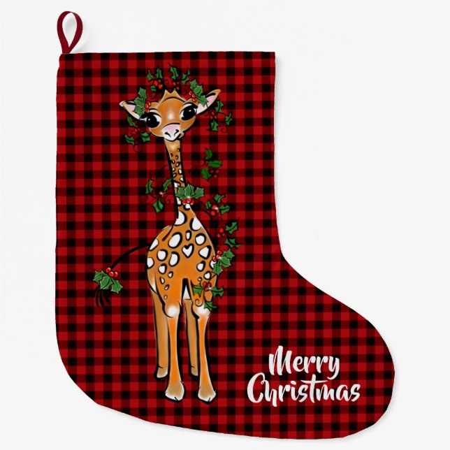 Festive Helgdag Giraffe, garland, buffel plaid Stor Julstrumpa (Framsidan)
