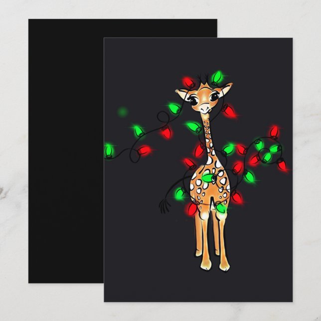 Festive helgdag giraffe, red grönt twinkle ljus julkort (Fram/baksida)