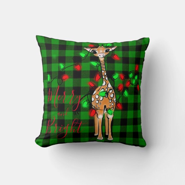 Festive Helgdag Giraffe, twinkle light, plaid Kudde (Framsida)