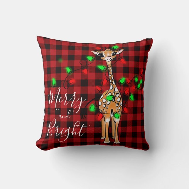 Festive Helgdag Giraffe, twinkle light, röd plaid Kudde (Framsida)
