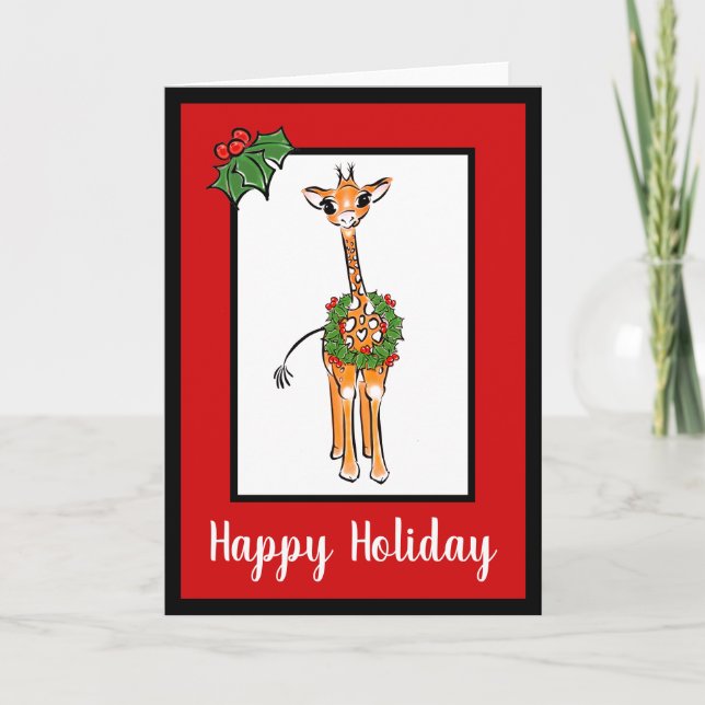 Festive Helgdag Giraffe with Holly berry wandeanda Helgkort (Framsida)