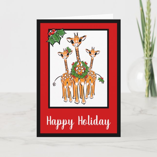 Festive Helgdag Giraffes with Holly wandene Helgkort (Framsida)