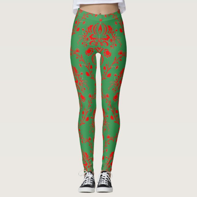 Festive Helgdag Grönt och Red Damask Leggings (Framsida)