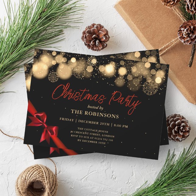 Festive Helgdag jul Glow Guld & Red Ribbon Inbjudningar (Festive Holiday Christmas Glow Gold & Red Ribbon Invitation)