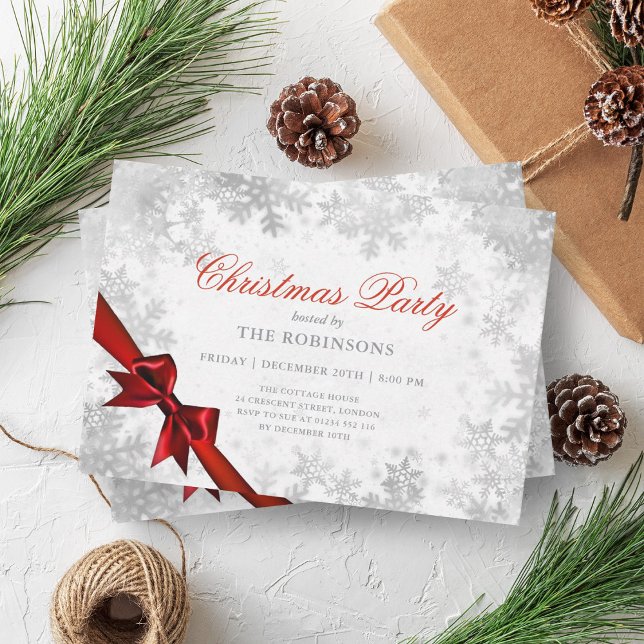 Festive Helgdag jul Silver & Red Ribbon Inbjudningar (Festive Holiday Christmas Silver & Red Ribbon Invitation)