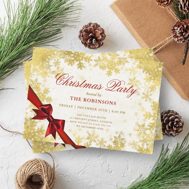 Festive Helgdag jul Snö Guld & Red Ribbon Inbjudningar (Festive Holiday Christmas Snow Gold & Red Ribbon Invitation)