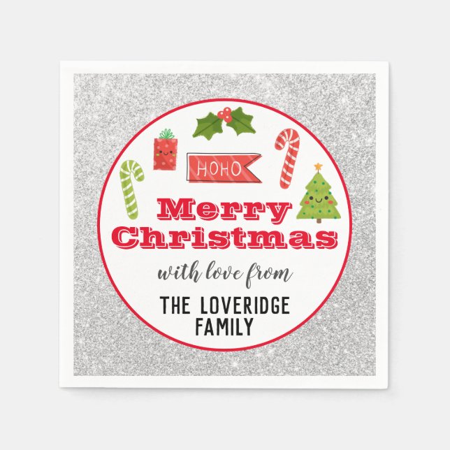 Festive Helgdag Red Silver Glitter Pappersservett (Framsidan)