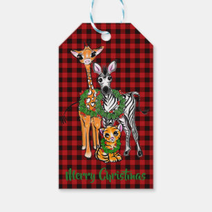 Festive Helgdag safari-vänner, rödsvart pläd Presentetikett