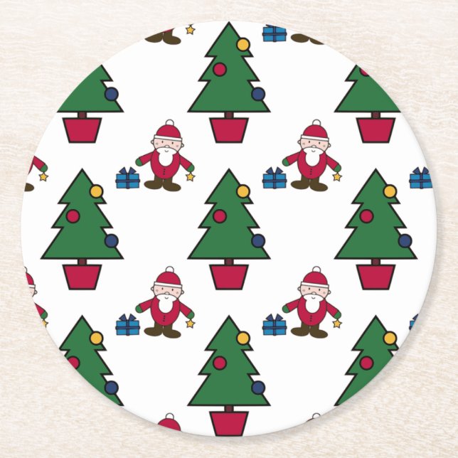 Festive Helgdag Santa & Träd Papper Underlägg Rund (Framsidan)