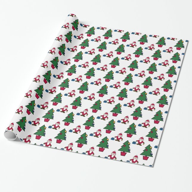 Festive Helgdag Santa & Träd Wrapping Papper Presentpapper (Utrullad)