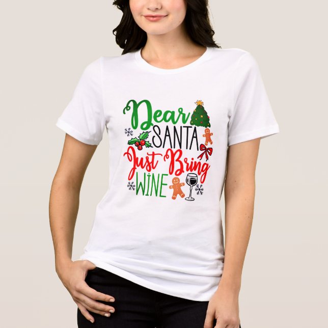 Festive helgdag t-shirt som ber Santa om vin (Framsida)