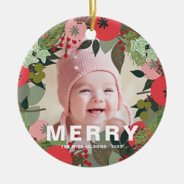 Festive Helgdag WAN med Joy Typography Photo Julgransprydnad Keramik (Framsidan)