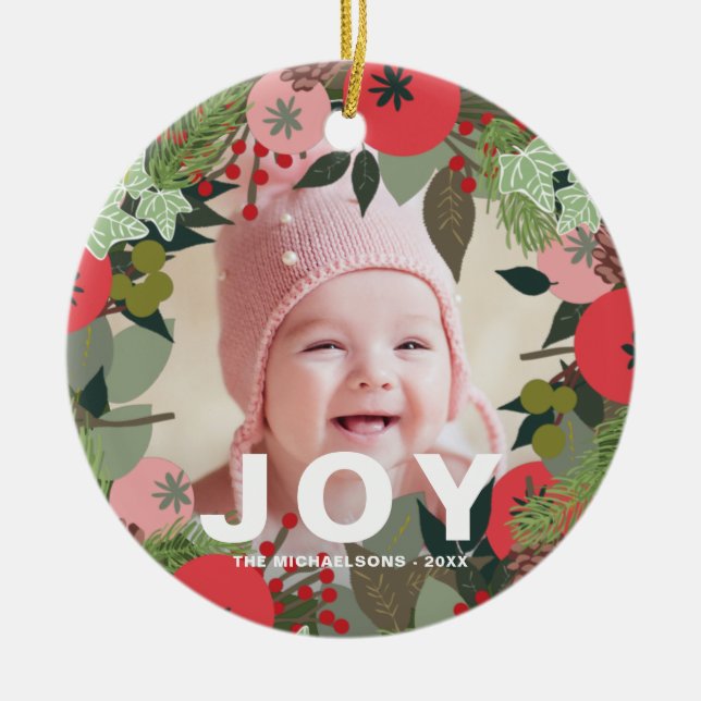 Festive Helgdag WAN med Joy Typography Photo Julgransprydnad Keramik (Framsidan)