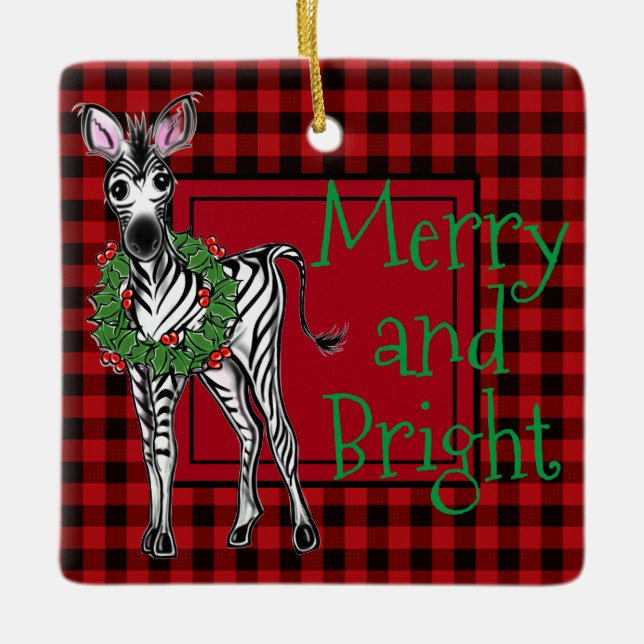 Festive Helgdag Zebra Holly-andedräkt | Röd buffel Julgransprydnad Keramik (Framsida)