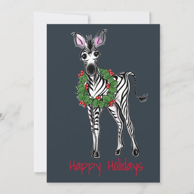 Festive Helgdag Zebra Illustration, Holly wandning Julkort (Framsida)