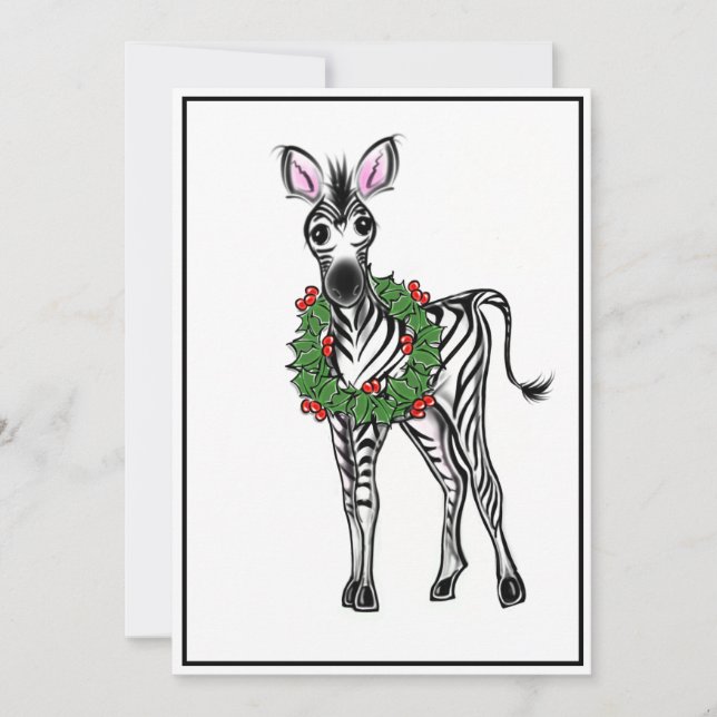 Festive Helgdag Zebra Illustration, Holly wandning Julkort (Framsida)