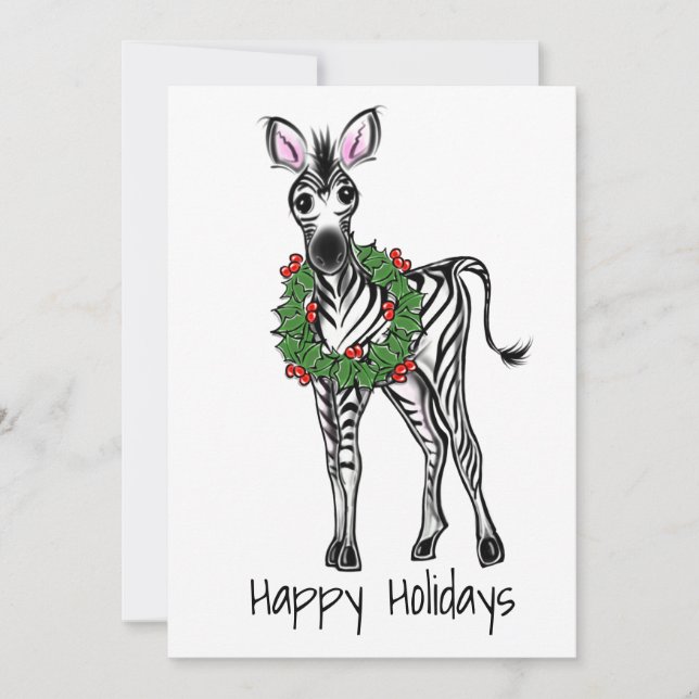 Festive Helgdag Zebra Illustration, Holly wandning Julkort (Framsida)