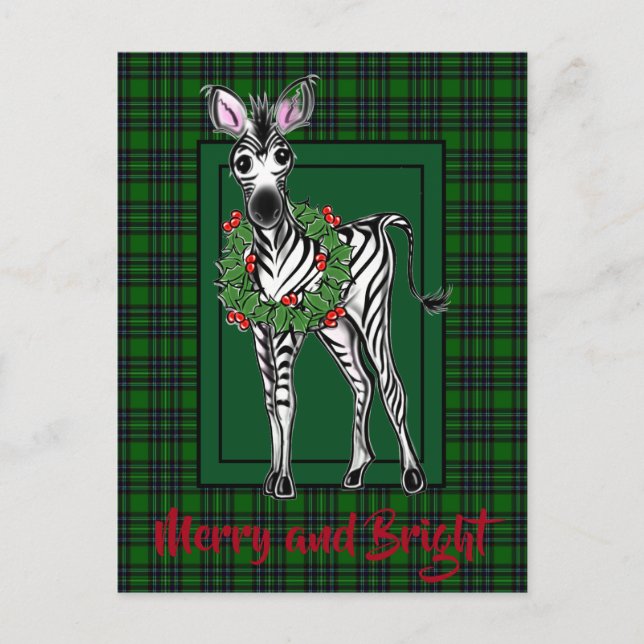 Festive Helgdag Zebra teckning grönt plaid Vykort (Framsida)