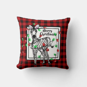 Festive Helgdag Zebra, twinkle light buffalo plaid Kudde