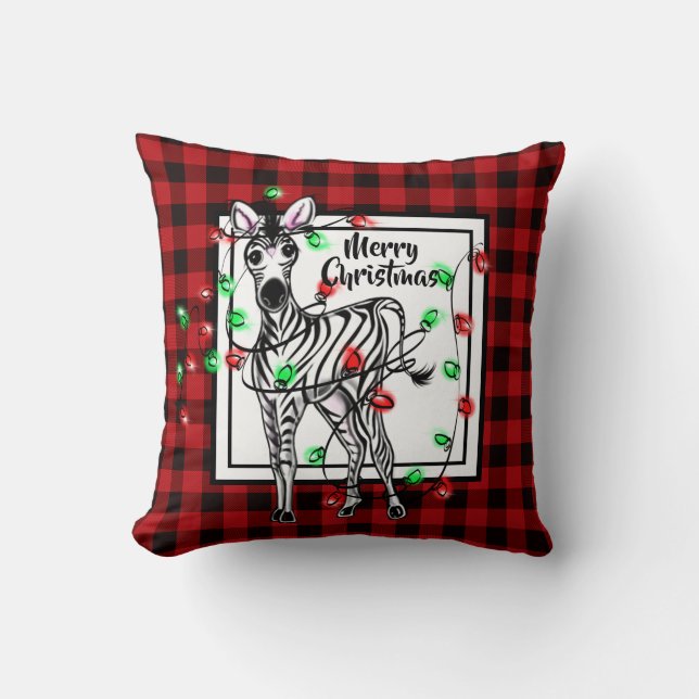 Festive Helgdag Zebra, twinkle light buffalo plaid Kudde (Framsida)