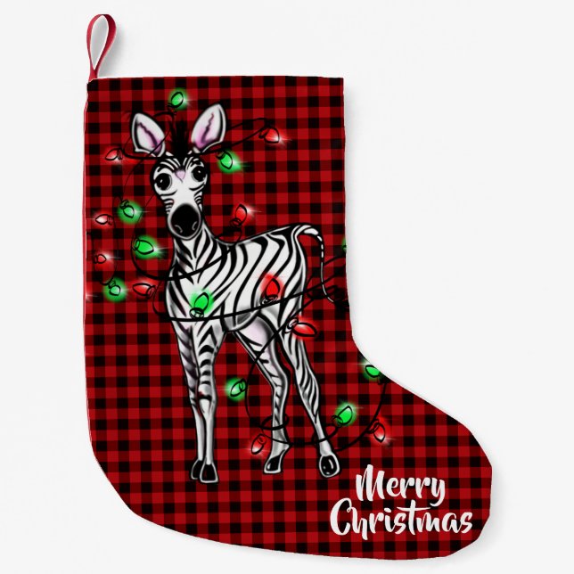 Festive Helgdag Zebra, twinkle light buffalo plaid Liten Julstrumpa (Framsidan)