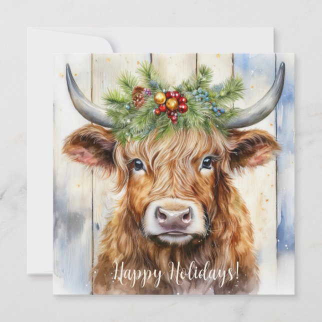 Festive Highland Cow jul Julkort (Framsida)