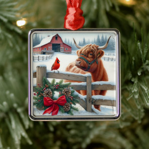 Festive Highland Cow och kardinal God Jul Julgransprydnad Metall