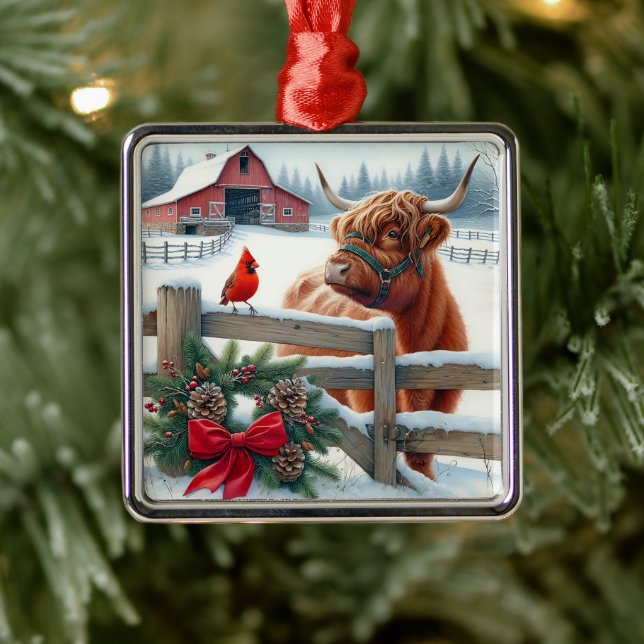 Festive Highland Cow och kardinal God Jul Julgransprydnad Metall (Träd)